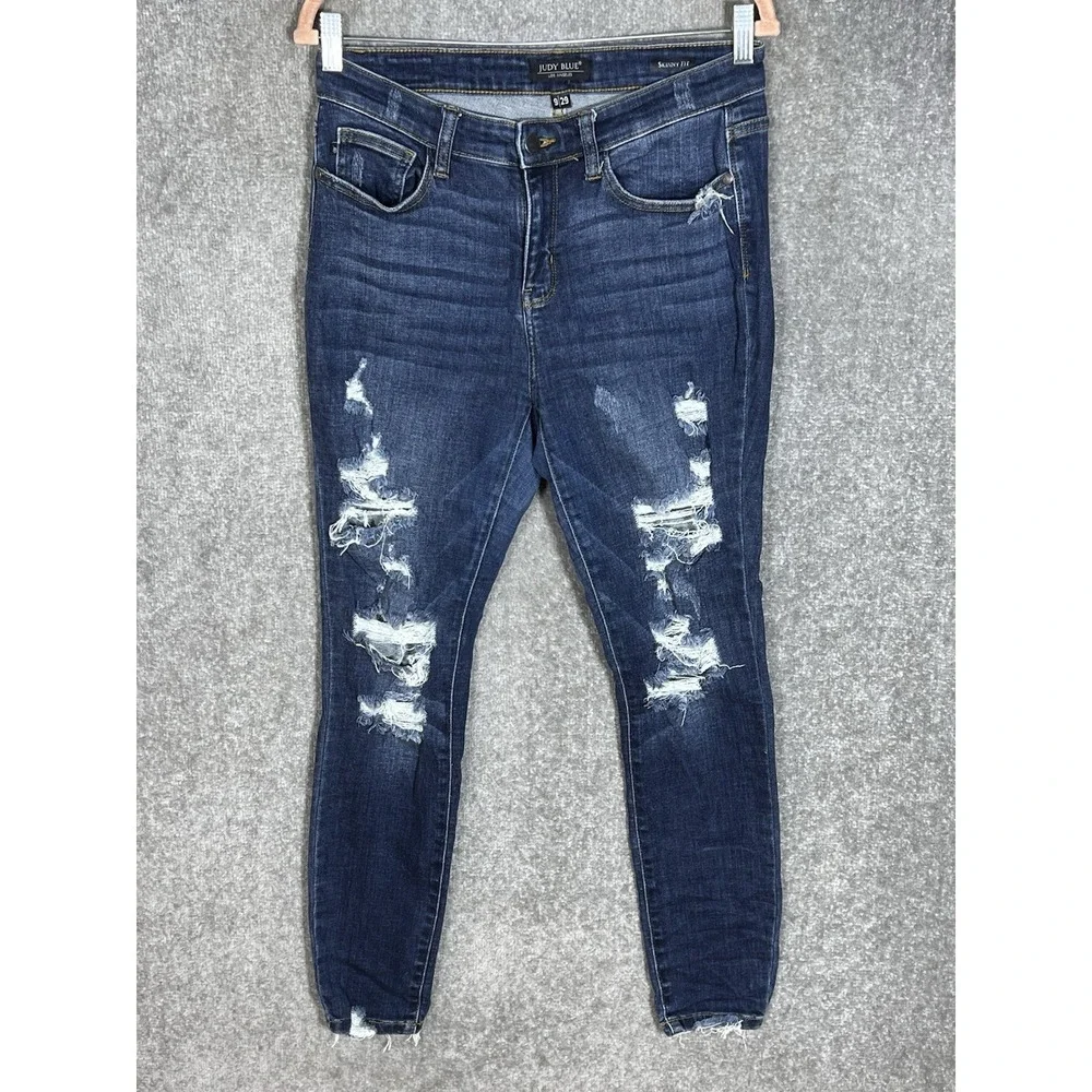 Judy Blue Skinny Fit Jeans Juniors Size 9/29 Blue Distressed Stretch Mid Rise